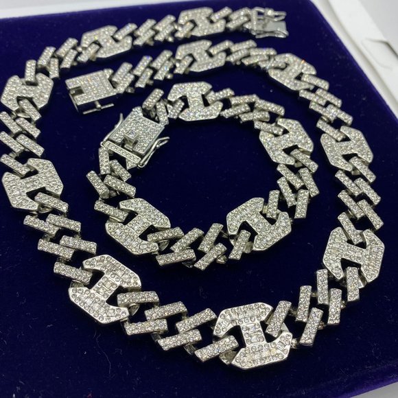 Iced Out Prong Cuban Link Chain  Necklace Bracelet SET - Picture 3 of 5